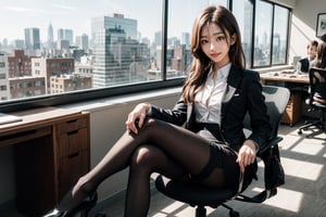 A 22 yo beautiful office lady dressed in a formal suit with a transparent white blouse, a black pencil skirt, and black pantyhose. She stands confidently in a modern office environment, with a professional yet approachable expression on her face. The setting includes a sleek desk and large windows overlooking the city skyline, adding to the sophisticated and business-like atmosphere. The lighting highlights the polished and elegant style of the office. Full body. crossed legs, sit on table.PERFECT HANDS,MEDIUM BREAST