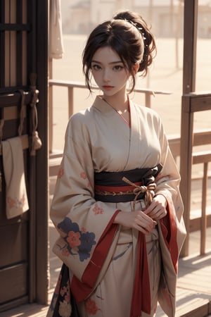 Masterpiece, top quality, 1 girl, solo, gentle, elegant, short ponytail, wearing kimono, holding cake, wind, stand in the kyoto, comic style, perfect anatomy, centered, near perfect, dynamic, highly detailed, concept art, smooth, sharp focus.,Realistic,1gir1,FOLK