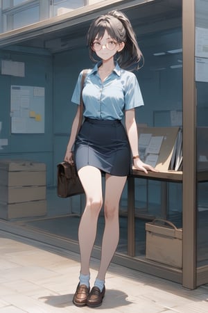 Masterpiece, top quality, 1 girl, Office lady, looking at viewer, smile, long ponytail, choppy bangs, skirt, black hair, pale-blue shirt with no buttons, standing, short sleeves, glasses, indoors, black A-line skirt, shirt is outside  the skirt, short socks, canvas shoes, full body.


in the bank, dynamic, highly detailed, concept art, smooth, sharp focus.