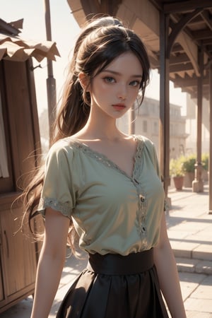 Masterpiece, top quality, 1 girl, solo, gentle, elegant, long_ponytail, silver hair, arm crossed, look from top, green shirt, short black skirt, wind, outdoors, comic style, perfect anatomy, centered, near perfect, dynamic, highly detailed, concept art, smooth, sharp focus.,Realistic. see From Top.