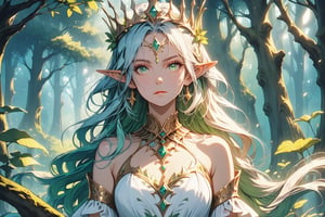 a young elf queen, a golden crown made of roots and precious stones. She wears a beautiful tight white dress, which highlights her silhouette and her full breasts, her hair is green and her eyes are blue, she looks towards the viewer, and around her is a beautiful background of a mystical and magical forest.