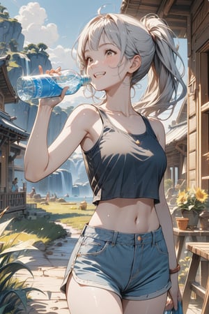 Masterpiece, top quality, 1 girl, smile, long ponytail, choppy bangs, silver hair, black tank top and short pants. 

It's hot outside, she is drinking mineral water. happy smile.


Outdoors, dynamic, highly detailed, concept art, smooth, sharp focus.