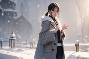 Masterpiece, top quality. Create a high-quality, hyper-realistic, and beautifully styled image of a 30-year-old woman. She is with a long ponytail and choppy bangs, silver hair, dressed in a winter coat and warm trousers, and wearing snow boots. She is standing in a serene, snow-covered landscape, surrounded by a magical winter wonderland. She possesses magical abilities, and in her palm, she conjures a flame, gazing at it with a gentle smile.

outdoors, dynamic, highly detailed, concept art, smooth, sharp focus.,Realistic.,YAMATO
