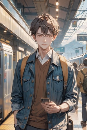 Masterpiece, top quality, 1 boy, dark brown hair and handsome.

In Taiwan station, standing in front of the ticket gate at hall. He is looking at his phone while glancing towards the platform, waiting for his beloved to come. The scene should depict a bustling train station filled with a sense of happiness and anticipation.


Train station in Taiwan, dynamic, highly detailed, concept art, smooth, sharp focus.