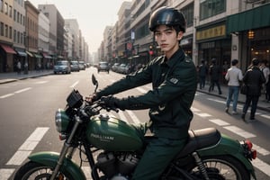 Masterpiece, top quality, 30 years old , handsome boy, short hair, fair-skinned, slim.

Taiwan postman. He is riding a motorcycle to deliver mails. 
full face helmet. Green postman uniform and green pants. in Taiwan street. , many letters on the motorcycle.

Outdoors, dynamic, highly detailed, concept art, smooth, sharp focus.,Realistic.,YAMATO, ,winged helmet