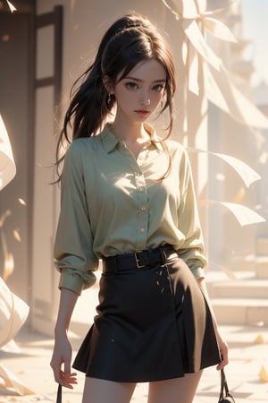 Masterpiece, top quality, 1 girl, solo, gentle, elegant, short ponytail, green shirt, short black skirt, wind, holding a bithday cake, office background, comic style, perfect anatomy, centered, near perfect, dynamic, highly detailed, concept art, smooth, sharp focus.,Realistic.