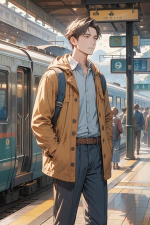Masterpiece, top quality, 1 boy, dark brown hair and handsome, standing in front of the ticket gate at hall. He is looking at his phone while glancing towards the platform, waiting for his beloved to come. The scene should depict a bustling train station filled with a sense of happiness and anticipation.


Train station in Taiwan, dynamic, highly detailed, concept art, smooth, sharp focus.