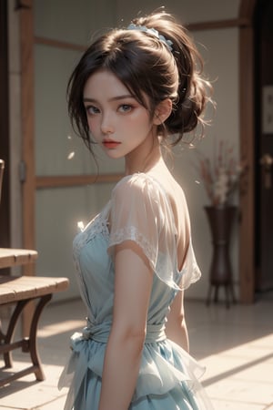 Masterpiece, top quality, 1 girl, solo, gentle, elegant, short ponytail, light blue dress, she looks like crying, wind, stand in the home, comic style, perfect anatomy, centered, near perfect, dynamic, highly detailed, concept art, smooth, sharp focus.,Realistic,1gir1,FOLK