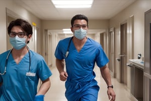 Masterpiece, top quality, 40 years old , handsome boy, short hair, did not wear face mask. 

He wear blue scrubs uniforms, black and thick frame glasses, and he is running in such a hurry. Sweating on forehead

Hospital background, dynamic, highly detailed, concept art, smooth, sharp focus.,Realistic.,YAMATO,surgical_mask_open