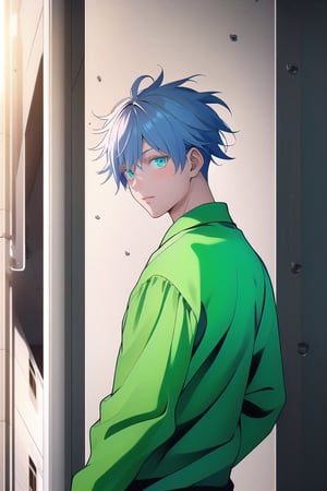 masterpiece, best quality, high quality, 1boy.male focus, looking at viewer, upper body, mail carrier , green shirt, green pants, topknot,ayaka_genshin,gojou satoru,Void volumes
