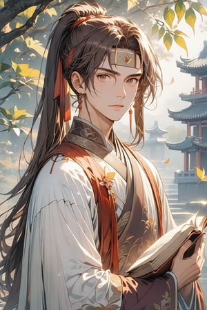 Masterpiece, top quality, 1 boy, handsome boy, solo, long straight hair, looking at viewer, brown hair, long sleeves, holding some ancient books, brown eyes, upper body, ponytail, male focus, parted lips, wide sleeves, headband, leaf, white chinese clothes, high ponytail