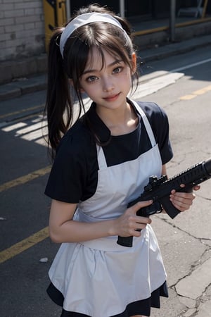 (happy smile:1.2) Masterpiece, top quality ,pony_tail, bangs , and is dressed in a sailor uniform, with a white top and a blue skirt. 
complete with a frilly apron and lace headband, stands in a dynamic action pose. She is holding a large assault rifle with confidence, aiming forward with focus. Her hair is long, dark, and tied in pigtails, framing her serious expression. The background is an industrial or battle-damaged setting, with concrete structures and debris. Light filters in from above, illuminating dust and small particles in the air. The atmosphere is tense, combining elements of a maid aesthetic with military and action themes.