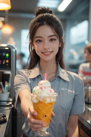 1girl, solo, long hair, looking at viewer, smile, brown hair, shirt, holding, brown eyes, upper body, short sleeves, food, teeth, collared shirt, indoors, grin, blurry, uniform, cup, lips, depth of field, blurry background, drinking glass, realistic, ice cream, nose, drink, employee uniform