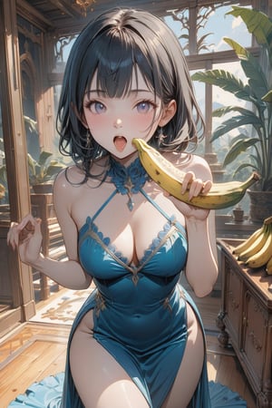 Masterpiece, top quality, 1girl, long black hair, choppy bangs, wearing a low-cut, sexy dresses. She is extending her tongue to lick a banana she is holding in her hand. 

indoors, dynamic, highly detailed, concept art, smooth, sharp focus.