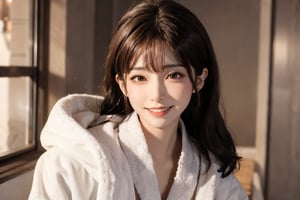 1girl,long hair,brown hair and grey eyes, choppy  bangs, happy smile,  ,white bathrobe