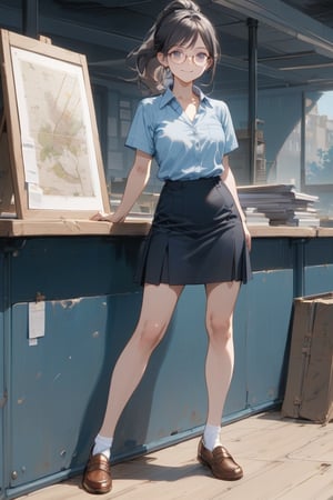 Masterpiece, top quality, 1 girl, Office lady, looking at viewer, smile, long ponytail, choppy bangs, skirt, black hair, pale-blue shirt with no buttons, standing, short sleeves, glasses, indoors, black A-line skirt, shirt is outside  the skirt, short socks, canvas shoes, full body.


in the bank, dynamic, highly detailed, concept art, smooth, sharp focus.