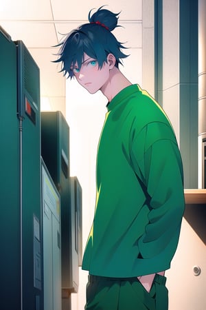 masterpiece, best quality, high quality, 1boy.male focus, looking at viewer, upper body, mail carrier , green shirt, green pants, topknot,ayaka_genshin,gojou satoru