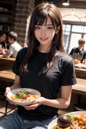 1girl, long hair, looking at viewer, smile, bangs, brown hair, shirt, holding, brown eyes, sitting, short sleeves, food, multiple boys, teeth, solo focus, indoors, grin, blurry, lips, black shirt, blurry background, table, bottle, plate, delicious food, bowl, realistic, restaurant, counter