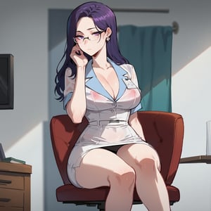 score_9, score_8_up, score_7_up, score_6_up, score_5_up BREAK, anime screencap, anime coloring, source_anime, rating_explicit,detailed eyes,
beauty_mark black_hair busty chair earrings emotionless expressionless glasses light-skinned_female long_hair looking_down mr.skull nurse original original_character pale-skinned_female pale_skin pencil pencil_skirt purple_eyes ratatatat74 see-through semi-transparent sitting skirt white_background