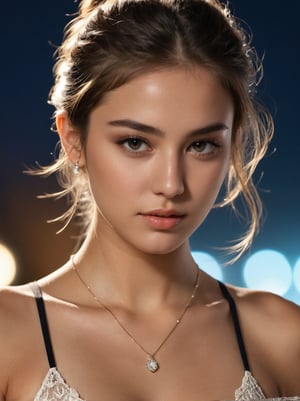 half body photo of 18 years old girl, spectacular night lighting, with a very small necklace and very small earrings made of pieces of oak wood, glow, hair tied in a bun, bangs, perfect athletic figure and anatomy, dress very small lace nude, proportionate body, slightly tanned skin, various intricate poses, clarity, fine brushwork, with a severe face, 32k, trending on Artstation, UHD, XHD, unrealistic engine - backlit, very attractive appearance, glow in the gray eyes, impeccable facial expressions, beauty dynamics, play of light, masterpiece of photography, award-winning photography, model, full frame, symmetrical, hyper-realistic, dynamic lighting,