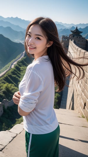 Elena stands on the Great Wall of China, smiling. She was wearing simple and fashionable sportswear, with her long hair flying in the wind. The background is the winding Great Wall and rolling green mountains. The sunlight is soft and adds a warm tone to the picture.