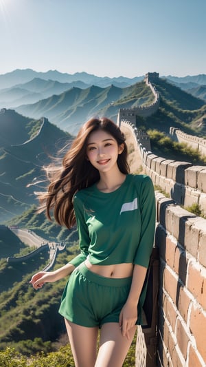 1 girl stands on the Great Wall of China, smiling. She was wearing simple and fashionable sportswear, with her long hair flying in the wind. The background is the winding Great Wall and rolling green mountains. The sunlight is soft and adds a warm tone to the picture.,1 girl ,Asia