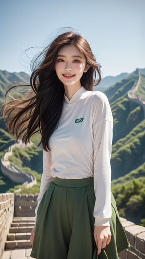 1 girl stands on the Great Wall of China, smiling. She was wearing simple and fashionable sportswear, with her long hair flying in the wind. The background is the winding Great Wall and rolling green mountains. The sunlight is soft and adds a warm tone to the picture.,1 girl ,Asia