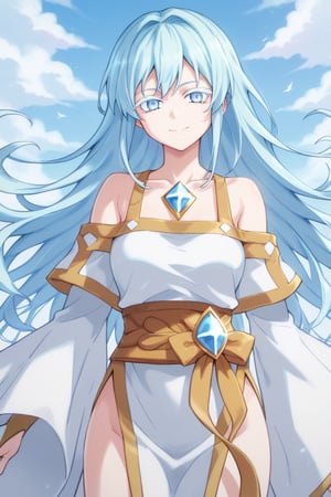 score_9, score_8_up, score_7_up, score_6_up, score_5_up, score_4_up, anime screencapBREAKelfaria_olis, 1girl, solo, light blue hair, long hair, colored eyelashes, blue eyes, chest jewel, off-shoulder dress, yellow sash, side cape, bridal gauntlets, pelvic curtain, looking at viewer, smile, closed mouth, upper bodyBREAKwind, wind lift  