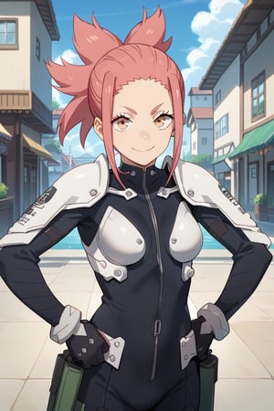 (looking at viewer, smile, closed mouth, hands on own hips),   taenakanoshima, pink hair, ponytail, pink eyes, black bodysuit, armor, black gloves, shoulder armor, 16k, masterpiece, absurdes, highly detailed, highres, high quality, best quality, score_9, score_8_up, score_7_up, score_6_up