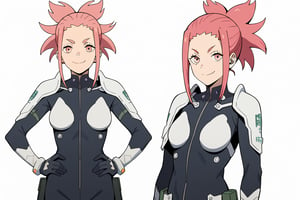 (looking at viewer, smile, closed mouth, hands on own hips),   taenakanoshima, pink hair, ponytail, pink eyes, black bodysuit, armor, black gloves, shoulder armor, 16k, masterpiece, absurdes, highly detailed, highres, high quality, best quality, score_9, score_8_up, score_7_up, score_6_up