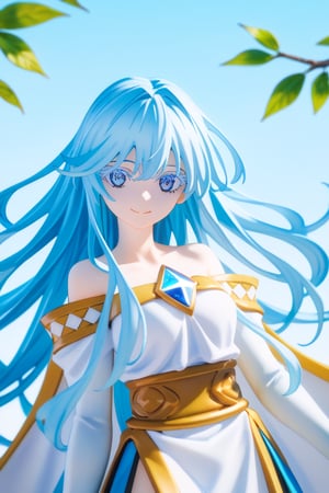 score_9, score_8_up, score_7_up, score_6_up, score_5_up, score_4_up, anime screencapBREAKelfaria_olis, 1girl, solo, light blue hair, long hair, colored eyelashes, blue eyes, chest jewel, off-shoulder dress, yellow sash, side cape, bridal gauntlets, pelvic curtain, looking at viewer, smile, closed mouth, upper bodyBREAKwind, wind lift, elfaria_olis,score_9,score_8_up,score_7_up,source_anime