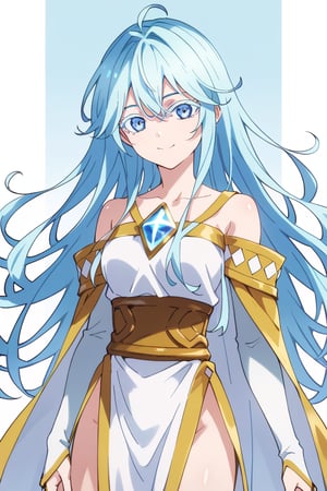 score_9, score_8_up, score_7_up, score_6_up, score_5_up, score_4_up, anime screencapBREAKelfaria_olis, 1girl, solo, light blue hair, long hair, colored eyelashes, blue eyes, chest jewel, off-shoulder dress, yellow sash, side cape, bridal gauntlets, pelvic curtain, looking at viewer, smile, closed mouth, upper bodyBREAKwind, wind lift, elfaria_olis