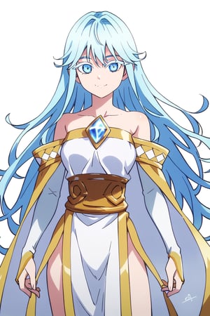 score_9, score_8_up, score_7_up, score_6_up, score_5_up, score_4_up, anime screencapBREAKelfaria_olis, 1girl, solo, light blue hair, long hair, colored eyelashes, blue eyes, chest jewel, off-shoulder dress, yellow sash, side cape, bridal gauntlets, pelvic curtain, looking at viewer, smile, closed mouth, upper bodyBREAKwind, wind lift, elfaria_olis