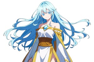 score_9, score_8_up, score_7_up, score_6_up, score_5_up, score_4_up, anime screencapBREAKelfaria_olis, 1girl, solo, light blue hair, long hair, colored eyelashes, blue eyes, chest jewel, off-shoulder dress, yellow sash, side cape, bridal gauntlets, pelvic curtain, looking at viewer, smile, closed mouth, upper bodyBREAKwind, wind lift, elfaria_olis,


,(( white background, blank background))