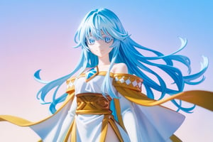 score_9, score_8_up, score_7_up, score_6_up, score_5_up, score_4_up, anime screencapBREAKelfaria_olis, 1girl, solo, light blue hair, long hair, colored eyelashes, blue eyes, chest jewel, off-shoulder dress, yellow sash, side cape, bridal gauntlets, pelvic curtain, looking at viewer, smile, closed mouth, upper bodyBREAKwind, wind lift, elfaria_olis,score_9,score_8_up,score_7_up,source_anime