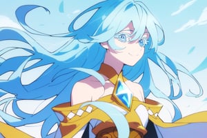 score_9, score_8_up, score_7_up, score_6_up, score_5_up, score_4_up, anime screencapBREAKelfaria_olis, 1girl, solo, light blue hair, long hair, colored eyelashes, blue eyes, chest jewel, off-shoulder dress, yellow sash, side cape, bridal gauntlets, pelvic curtain, looking at viewer, smile, closed mouth, upper bodyBREAKwind, wind lift, elfaria_olis,score_9,score_8_up,score_7_up,source_anime