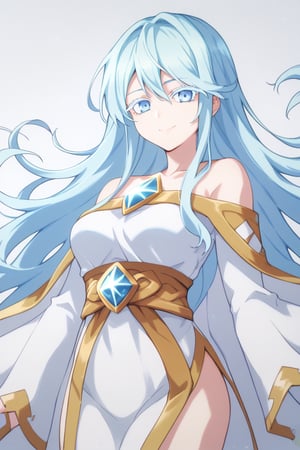 score_9, score_8_up, score_7_up, score_6_up, score_5_up, score_4_up, anime screencapBREAKelfaria_olis, 1girl, solo, light blue hair, long hair, colored eyelashes, blue eyes, chest jewel, off-shoulder dress, yellow sash, side cape, bridal gauntlets, pelvic curtain, looking at viewer, smile, closed mouth, upper bodyBREAKwind, wind lift  