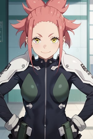 (looking at viewer, smile, closed mouth, hands on own hips),   taenakanoshima, pink hair, ponytail, pink eyes, black bodysuit, armor, black gloves, shoulder armor, 16k, masterpiece, absurdes, highly detailed, highres, high quality, best quality, score_9, score_8_up, score_7_up, score_6_up