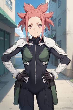 (looking at viewer, smile, closed mouth, hands on own hips),   taenakanoshima, pink hair, ponytail, pink eyes, black bodysuit, armor, black gloves, shoulder armor, 16k, masterpiece, absurdes, highly detailed, highres, high quality, best quality, score_9, score_8_up, score_7_up, score_6_up