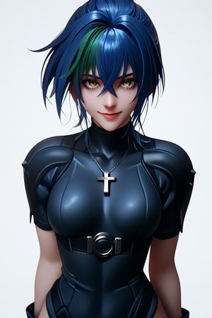 score_9, score_8_up, score_7_up, score_6_up, score_5_up,  BREAK, source_anime,1girl, xenovia, blue hair, streaked hair, hair between eyes, short hair, yellow eyes,black leotard, skin tight short sleeves, cross necklace, fingerless elbow gloves,hands behind back, smile, upper body, looking at viewer, solo, 

 ,(( white background, blank background))