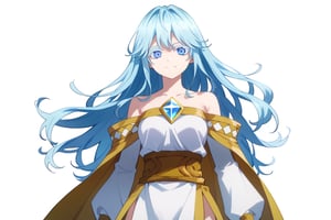 score_9, score_8_up, score_7_up, score_6_up, score_5_up, score_4_up, anime screencapBREAKelfaria_olis, 1girl, solo, light blue hair, long hair, colored eyelashes, blue eyes, chest jewel, off-shoulder dress, yellow sash, side cape, bridal gauntlets, pelvic curtain, looking at viewer, smile, closed mouth, upper bodyBREAKwind, wind lift, elfaria_olis,


,(( white background, blank background))