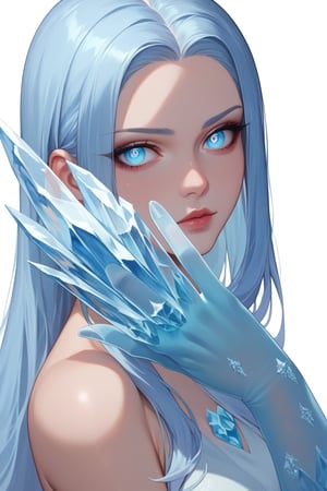 , score_9, score_8_up, score_7_up, ultra detailed,beautiful face,highres BREAK
(1girl),  Very beautiful and badass girl (pale skin, light blUE hair and eyes; bright eyes, very beautiful, ice hands), ((ICE FORM, ICE SKIN)):1,
 

 ,(( white background, blank background)):1, 