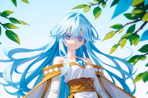 score_9, score_8_up, score_7_up, score_6_up, score_5_up, score_4_up, anime screencapBREAKelfaria_olis, 1girl, solo, light blue hair, long hair, colored eyelashes, blue eyes, chest jewel, off-shoulder dress, yellow sash, side cape, bridal gauntlets, pelvic curtain, looking at viewer, smile, closed mouth, upper bodyBREAKwind, wind lift, elfaria_olis,score_9,score_8_up,score_7_up,source_anime