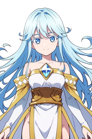 score_9, score_8_up, score_7_up, score_6_up, score_5_up, score_4_up, anime screencapBREAKelfaria_olis, 1girl, solo, light blue hair, long hair, colored eyelashes, blue eyes, chest jewel, off-shoulder dress, yellow sash, side cape, bridal gauntlets, pelvic curtain, looking at viewer, smile, closed mouth, upper bodyBREAKwind, wind lift, elfaria_olis