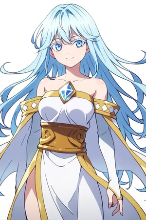 score_9, score_8_up, score_7_up, score_6_up, score_5_up, score_4_up, anime screencapBREAKelfaria_olis, 1girl, solo, light blue hair, long hair, colored eyelashes, blue eyes, chest jewel, off-shoulder dress, yellow sash, side cape, bridal gauntlets, pelvic curtain, looking at viewer, smile, closed mouth, upper bodyBREAKwind, wind lift, elfaria_olis