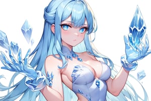 , score_9, score_8_up, score_7_up, ultra detailed,beautiful face,highres BREAK
(1girl),  Very beautiful and badass girl (pale skin, light blUE hair and eyes; bright eyes, very beautiful, ice hands), ((ICE FORM, ICE SKIN)):1,
 

 ,(( white background, blank background)):1, 