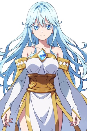 score_9, score_8_up, score_7_up, score_6_up, score_5_up, score_4_up, anime screencapBREAKelfaria_olis, 1girl, solo, light blue hair, long hair, colored eyelashes, blue eyes, chest jewel, off-shoulder dress, yellow sash, side cape, bridal gauntlets, pelvic curtain, looking at viewer, smile, closed mouth, upper bodyBREAKwind, wind lift, elfaria_olis