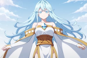 score_9, score_8_up, score_7_up, score_6_up, score_5_up, score_4_up, anime screencapBREAKelfaria_olis, 1girl, solo, light blue hair, long hair, colored eyelashes, blue eyes, chest jewel, off-shoulder dress, yellow sash, side cape, bridal gauntlets, pelvic curtain, looking at viewer, smile, closed mouth, upper bodyBREAKwind, wind lift, elfaria_olis