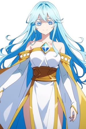 score_9, score_8_up, score_7_up, score_6_up, score_5_up, score_4_up, anime screencapBREAKelfaria_olis, 1girl, solo, light blue hair, long hair, colored eyelashes, blue eyes, chest jewel, off-shoulder dress, yellow sash, side cape, bridal gauntlets, pelvic curtain, looking at viewer, smile, closed mouth, upper bodyBREAKwind, wind lift, elfaria_olis,


,(( white background, blank background))