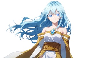 score_9, score_8_up, score_7_up, score_6_up, score_5_up, score_4_up, anime screencapBREAKelfaria_olis, 1girl, solo, light blue hair, long hair, colored eyelashes, blue eyes, chest jewel, off-shoulder dress, yellow sash, side cape, bridal gauntlets, pelvic curtain, looking at viewer, smile, closed mouth, upper bodyBREAKwind, wind lift, elfaria_olis,


,(( white background, blank background))